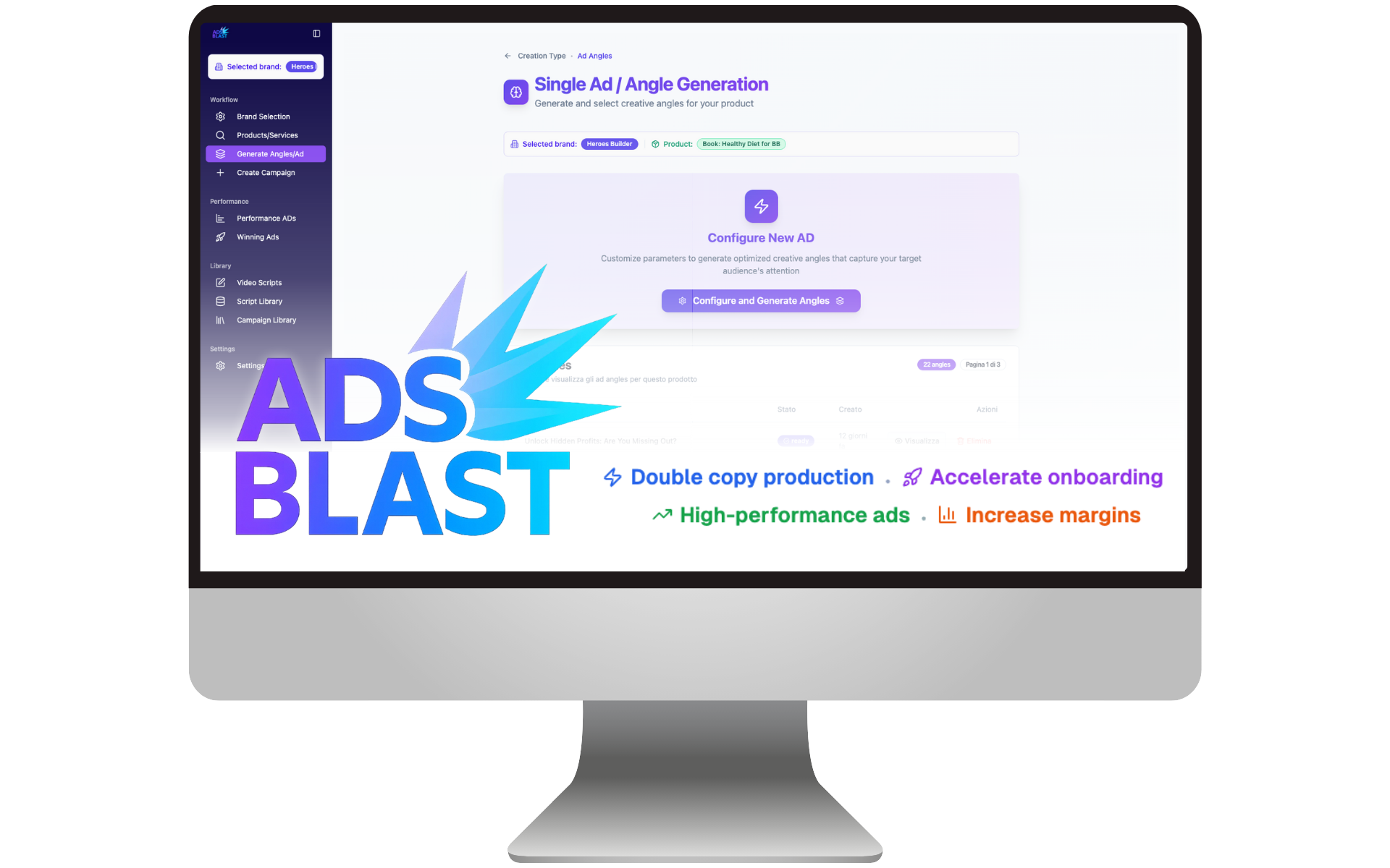 ADsBlast Software Interface on desktop showing single ad angle generation with key benefits: double copy production, accelerate onboarding, high-performance ads, and increase margins